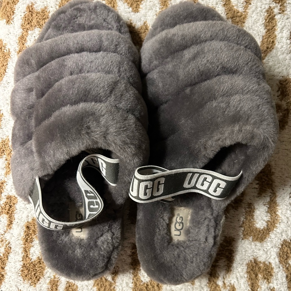UGG Gray Fluff Yes Slippers with Branded Strap